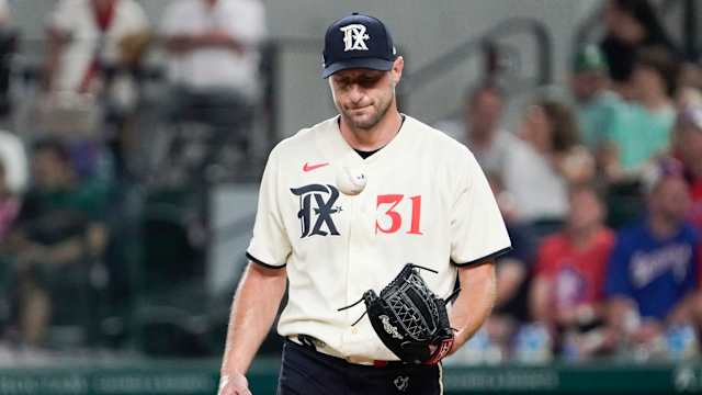 Sep 1, 2023; Arlington, Texas, USA; Texas Rangers starting pitcher Max Scherzer (31) reacts after giving up a single during the fourth inning against the Minnesota Twins at Globe Life Field. Mandatory Credit: Raymond Carlin III-USA TODAY Sports